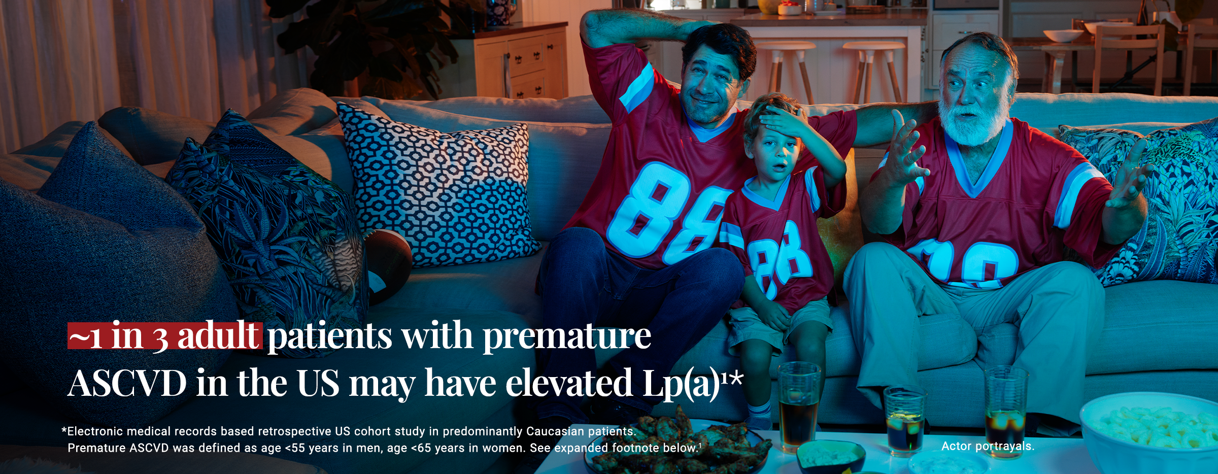 About 1 in 3 adult patients with premature ASCVD in the US may have elevated Lp(a). Statistic pulled from electronic medical records based retrospective US cohort study in predominantly Caucasian patients. Premature ASCVD was defined as age <55 years in men, age <65 years in women. See expanded footnote below.